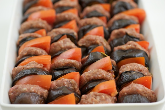 alternate: eggplant, meat, tomato alternate: eggplant, meat, tomato