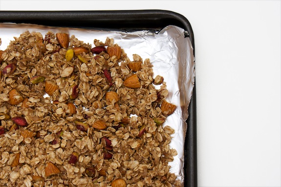 granola goes into oven