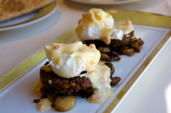 Elk Sausage Served with a Poached Egg and Choron Sauce elk sausage