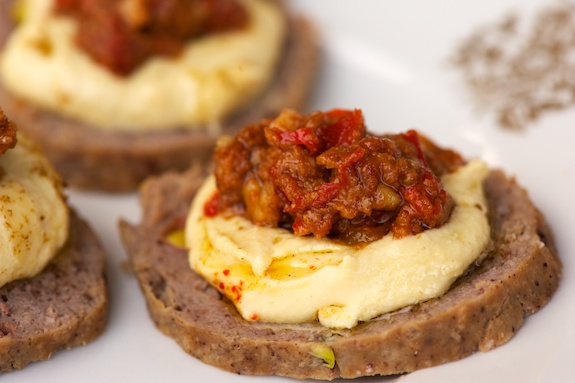 my favorite snack mortadella, hummus, muhammara snack