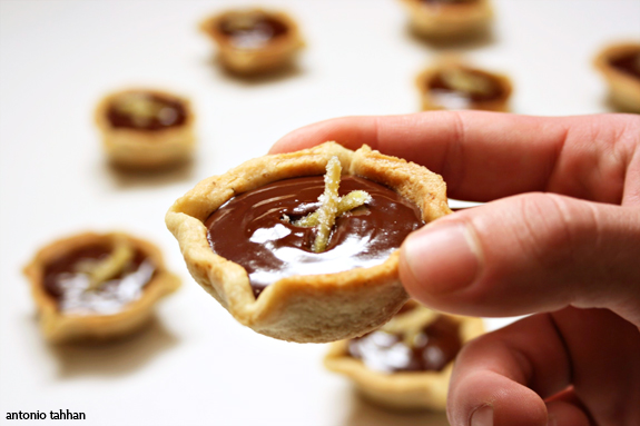 ginger-infused roasted pear chocolate tarts