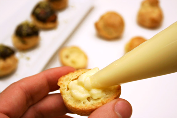 profiterole work flow filling the profiteroles